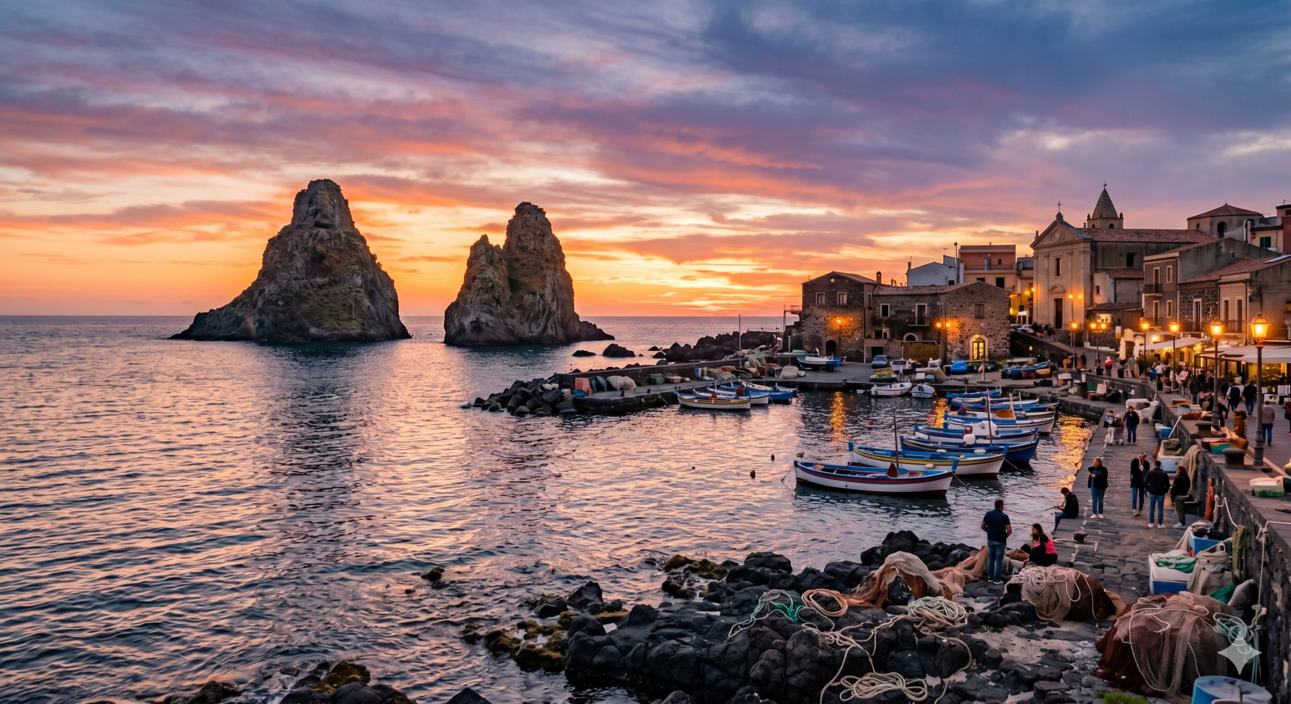 Una fotografia panoramica e suggestiva del borgo marinaro di Aci Trezza, in Sicilia, catturata durante un tramonto spettacolare. I maestosi scogli vulcanici dei Faraglioni dominano la vista a sinistra, emergendo dal Mar Ionio e illuminati dagli ultimi raggi dorati del sole. Al centro, il porticciolo è pieno di barche da pesca tradizionali e colorate (gozzi) ormeggiate lungo il molo di pietra. Sulla destra, il borgo si estende lungo la costa con edifici storici e luci che iniziano ad accendersi, tra cui la cupola di una chiesa. Reti da pesca e rocce vulcaniche scure definiscono il primo piano, con alcune persone che passeggiano lungo il lungomare. Il cielo è dipinto con sfumature vibranti di arancione, rosa e viola, che si riflettono sull'acqua calma, creando un'atmosfera calda e autentica.