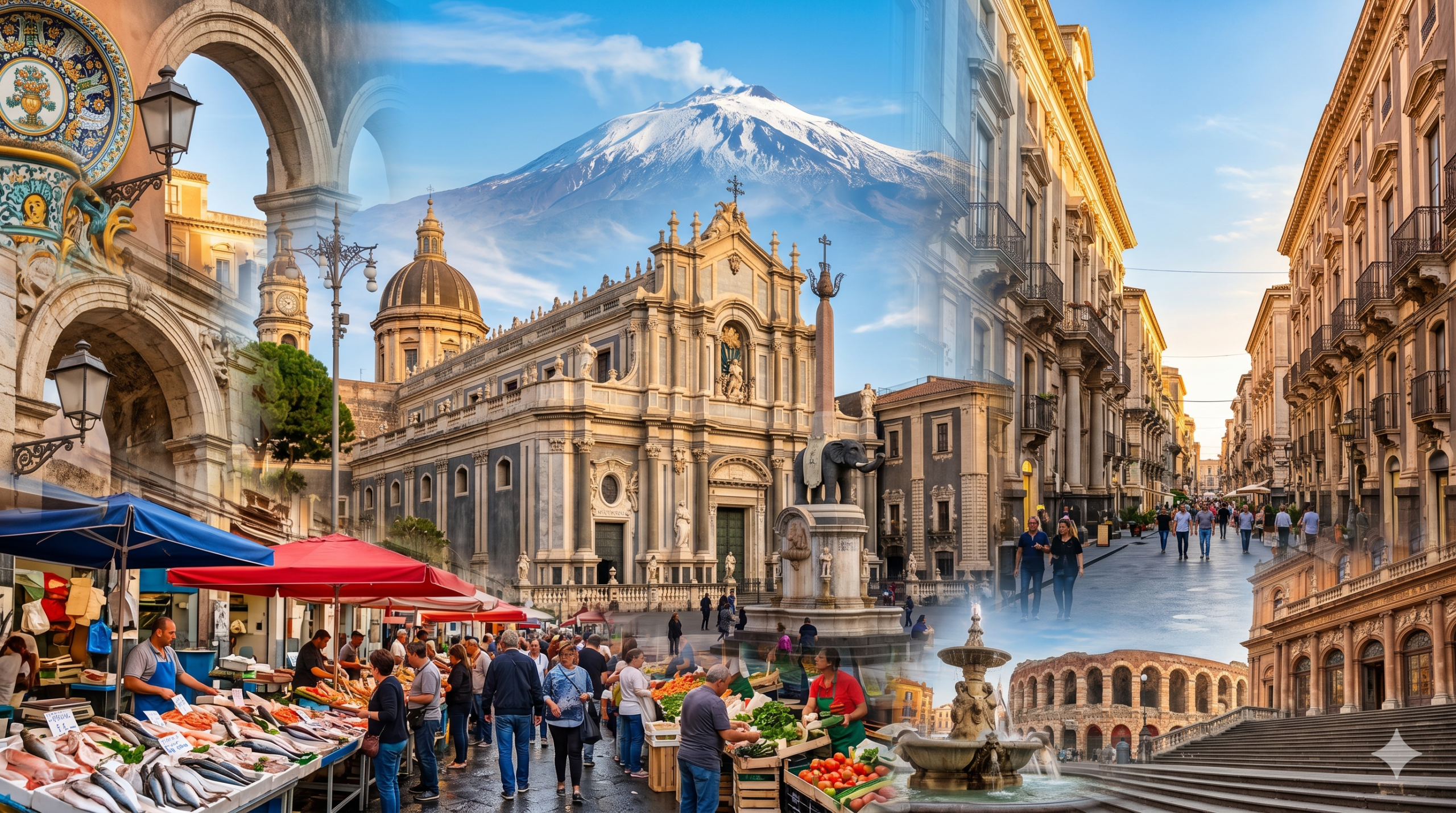 Collage artistico e realistico di Catania: vista panoramica con il Monte Etna innevato, la Cattedrale di Sant'Agata, la Fontana dell'Elefante, il vivace mercato della Pescheria e l'architettura barocca.