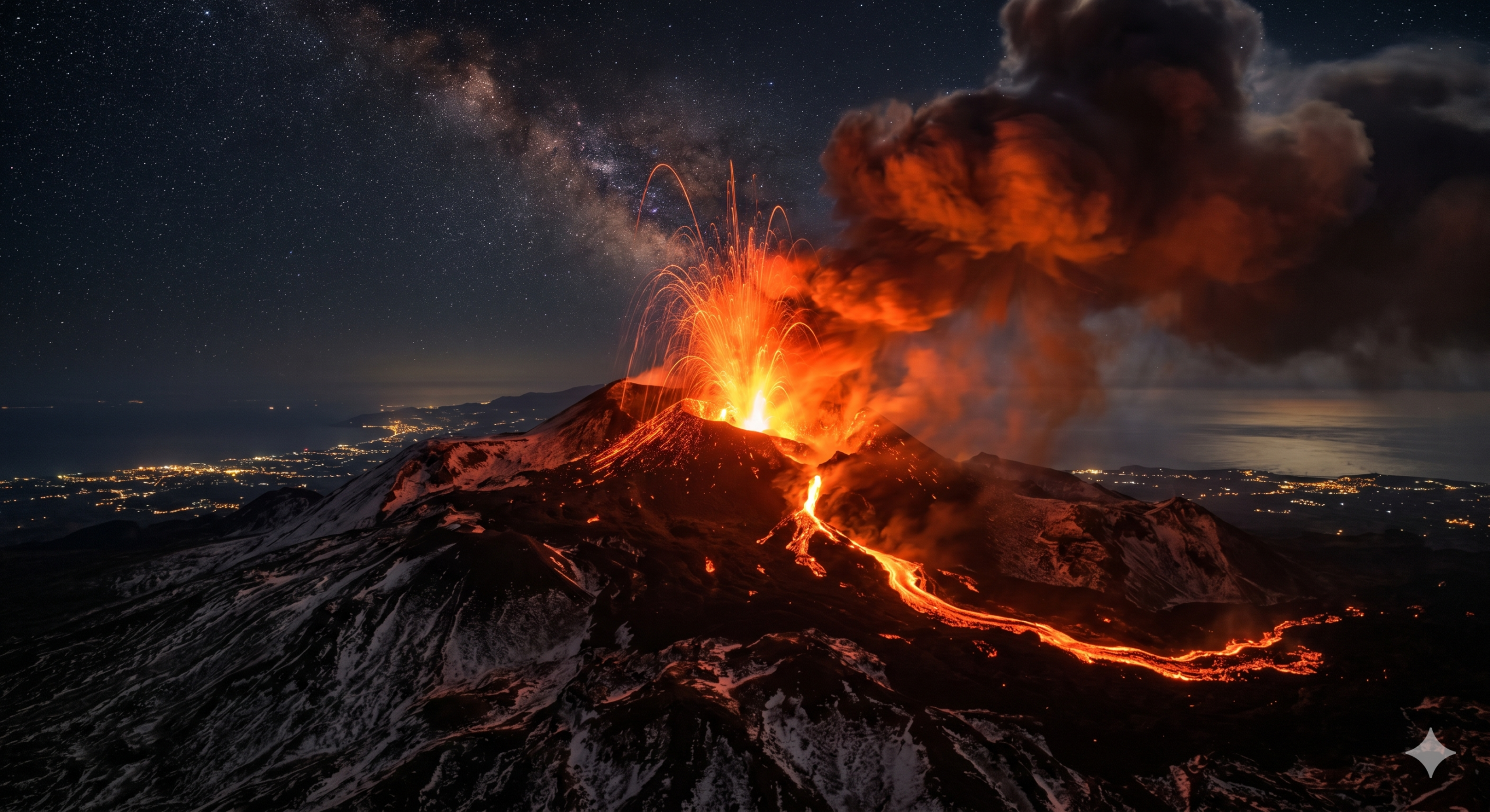 Nighttime aerial photograph of Mount Etna erupting, featuring glowing lava fountains, rivers of magma flowing down snow-dusted slopes, and a dense, illuminated ash plume, set against a starry sky with a clearly visible Milky Way.