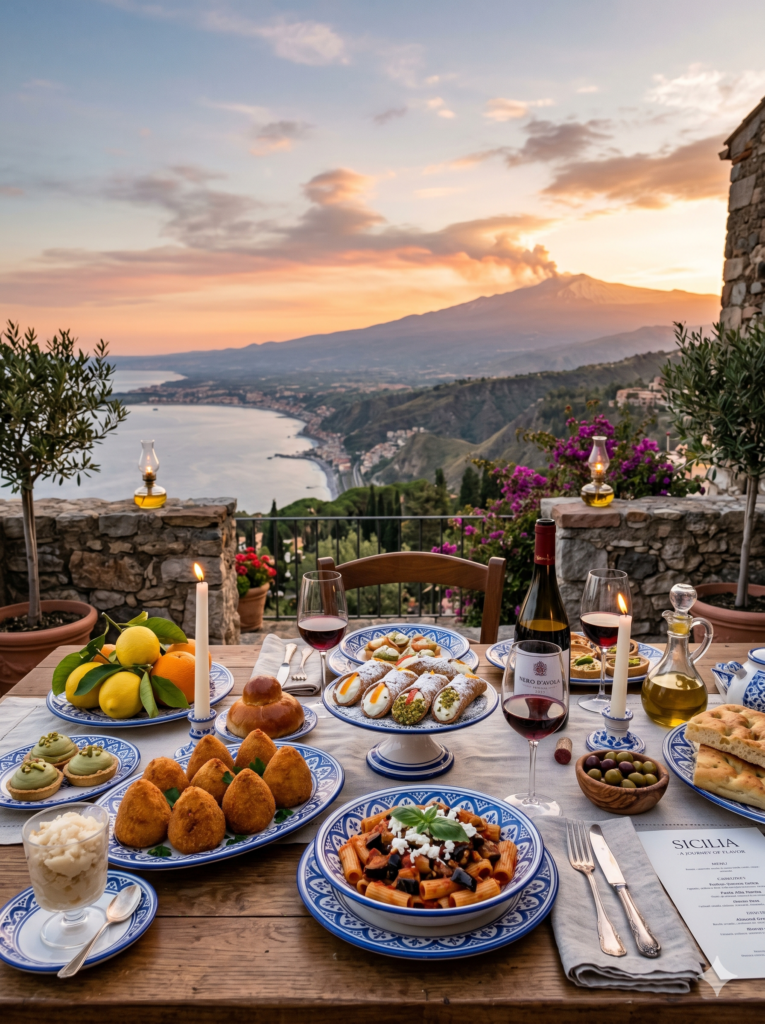 A richly set rustic table featuring typical Sicilian dishes such as arancini, cannoli, pasta alla Norma, and fresh citrus fruits, set outdoors at sunset with a panoramic view of the sea and Mount Etna in the background.