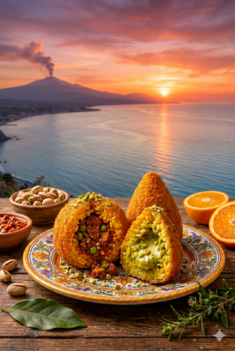 Two Sicilian arancini, one with meat ragù and peas and the other with pistachio, served on a hand-painted ceramic plate with Mount Etna at sunset in the background.