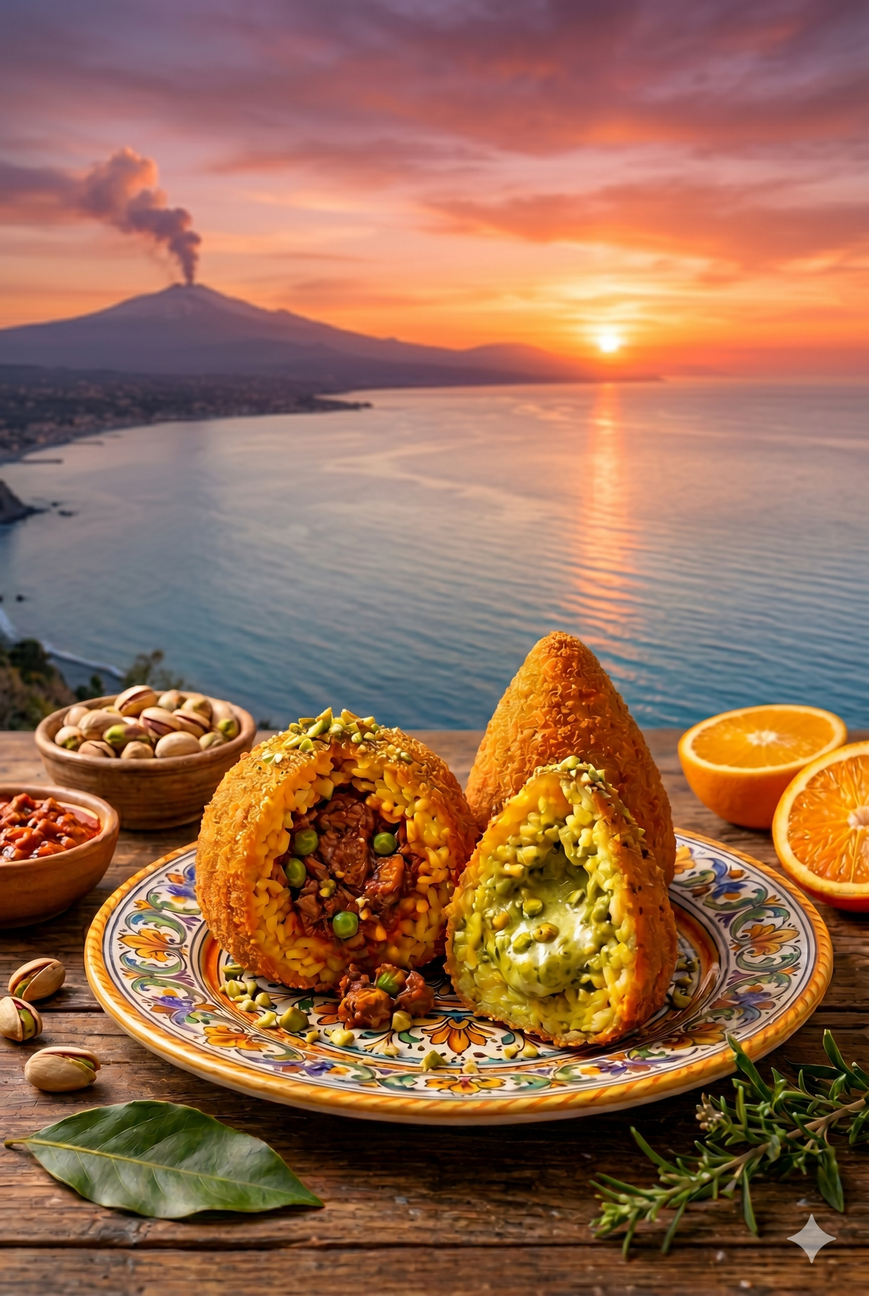 Two Sicilian arancini, one with meat ragù and peas and the other with pistachio, served on a hand-painted ceramic plate with Mount Etna at sunset in the background.