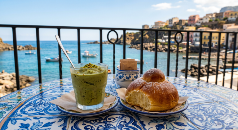 Authentic Sicilian pistachio granita with a spoon and a fresh brioche col tuppo served on a traditional blue patterned ceramic table overlooking the sea.