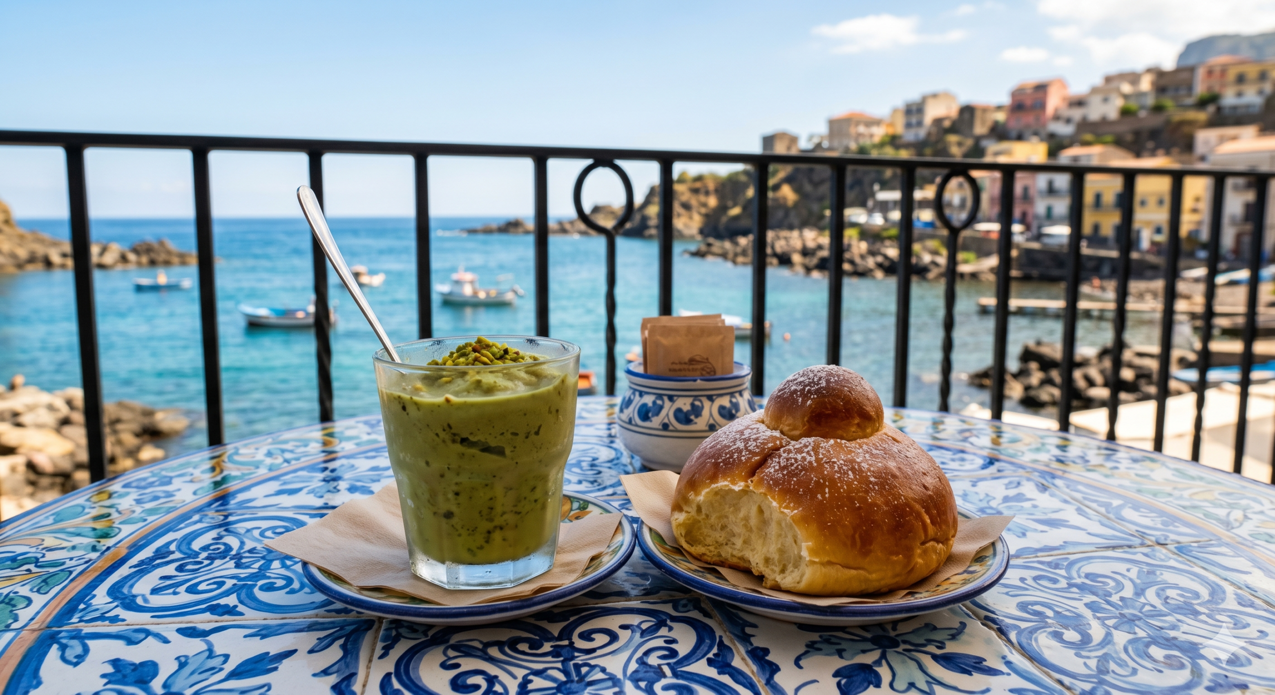Authentic Sicilian pistachio granita with a spoon and a fresh brioche col tuppo served on a traditional blue patterned ceramic table overlooking the sea.