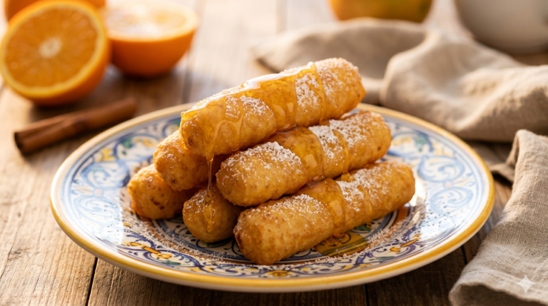 Traditional golden Sicilian rice crispelle, covered in honey and powdered sugar, served on a typical ceramic plate.