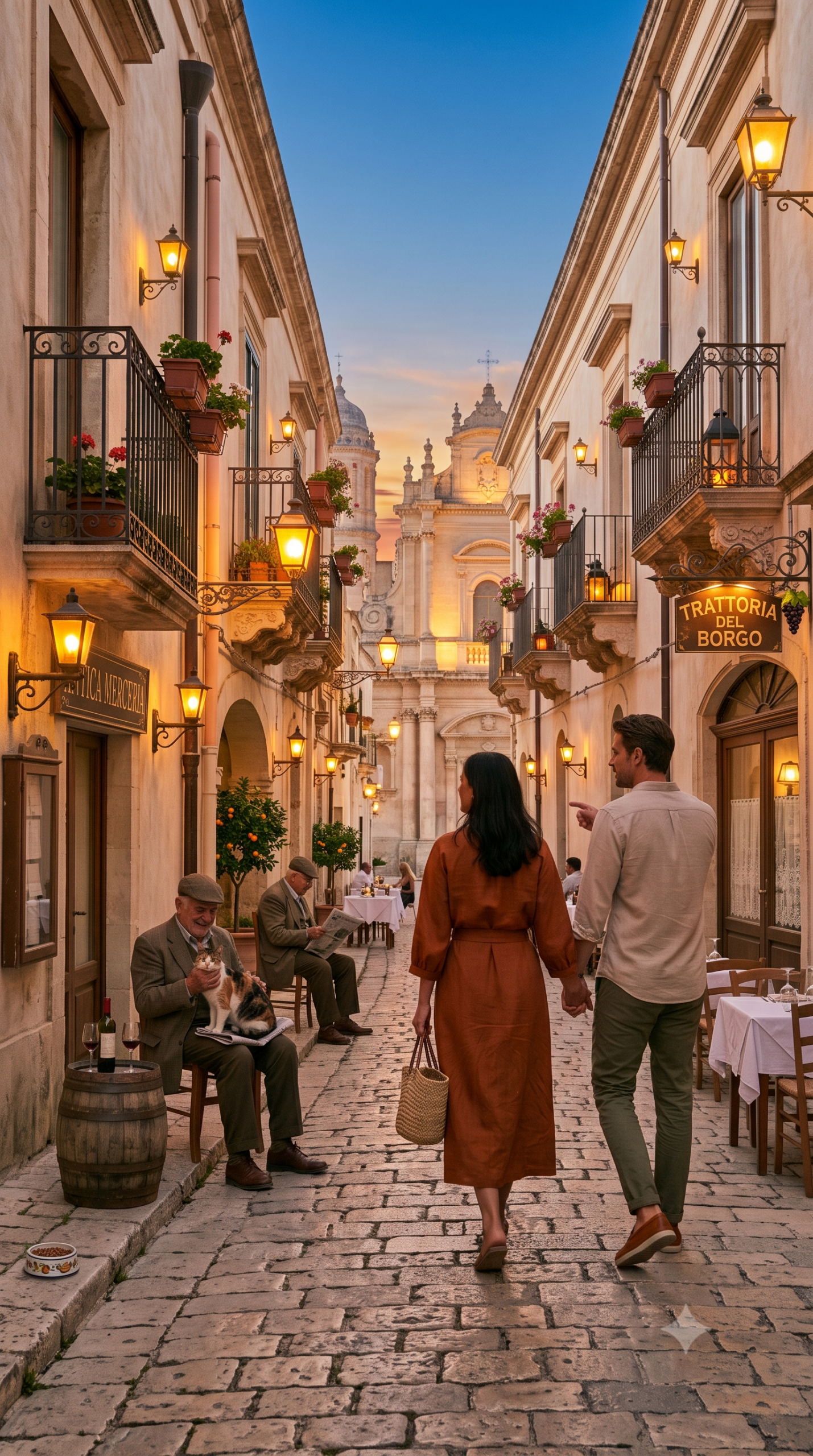 A couple holds hands while walking down a narrow, cobblestone alleyway in an Italian Baroque town at sunset. On the left, an elderly man is seated with a cat on his lap. Warm lanterns illuminate the street, and a large cathedral is visible in the background.