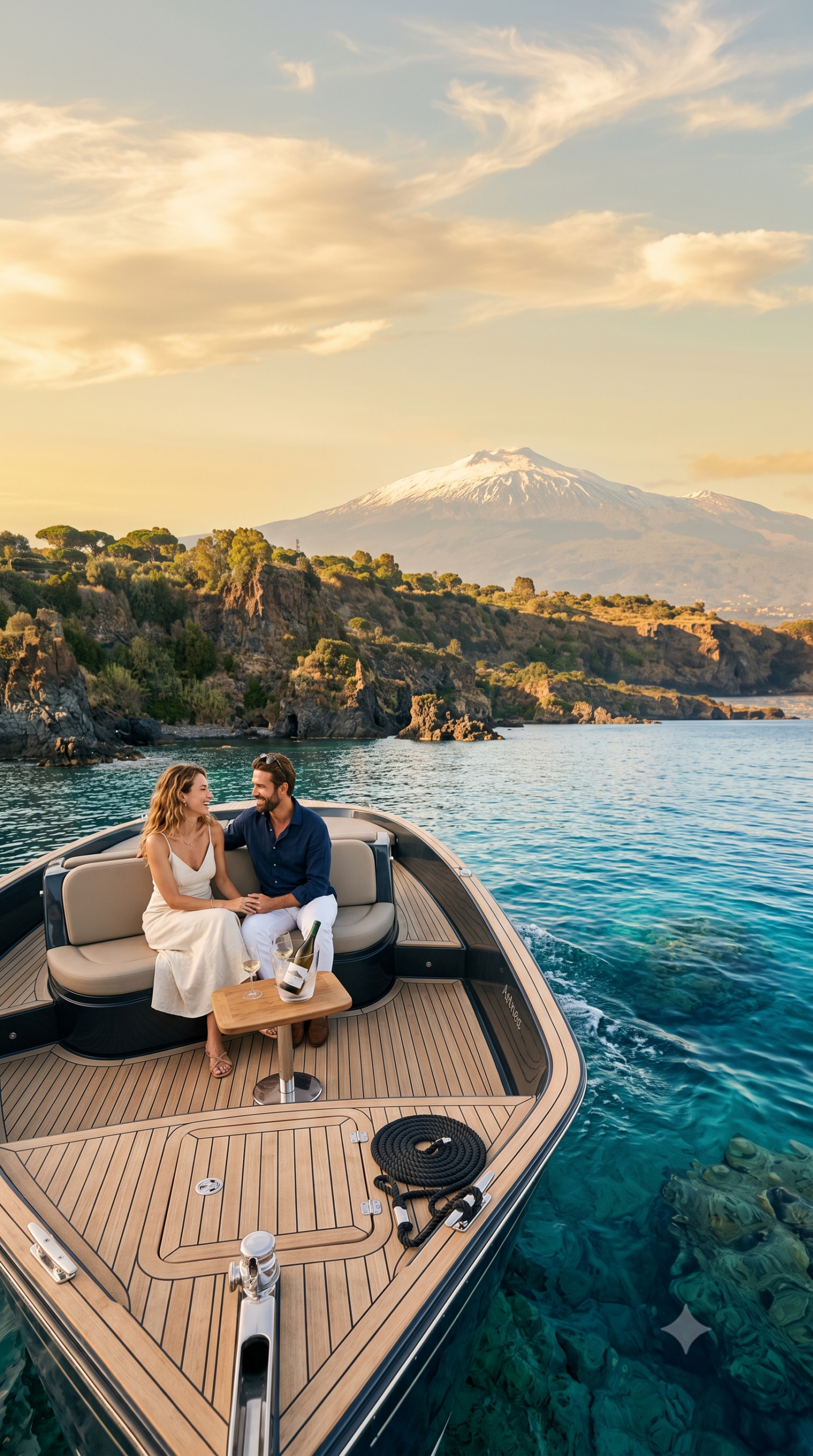 A luxury private motorboat with teak decking cruises in crystal-clear turquoise waters off the eastern Sicilian coast during golden hour. An elegant couple sits on board holding hands and enjoying a glass of wine, with rugged lava cliffs and the majestic Mount Etna visible in the background.