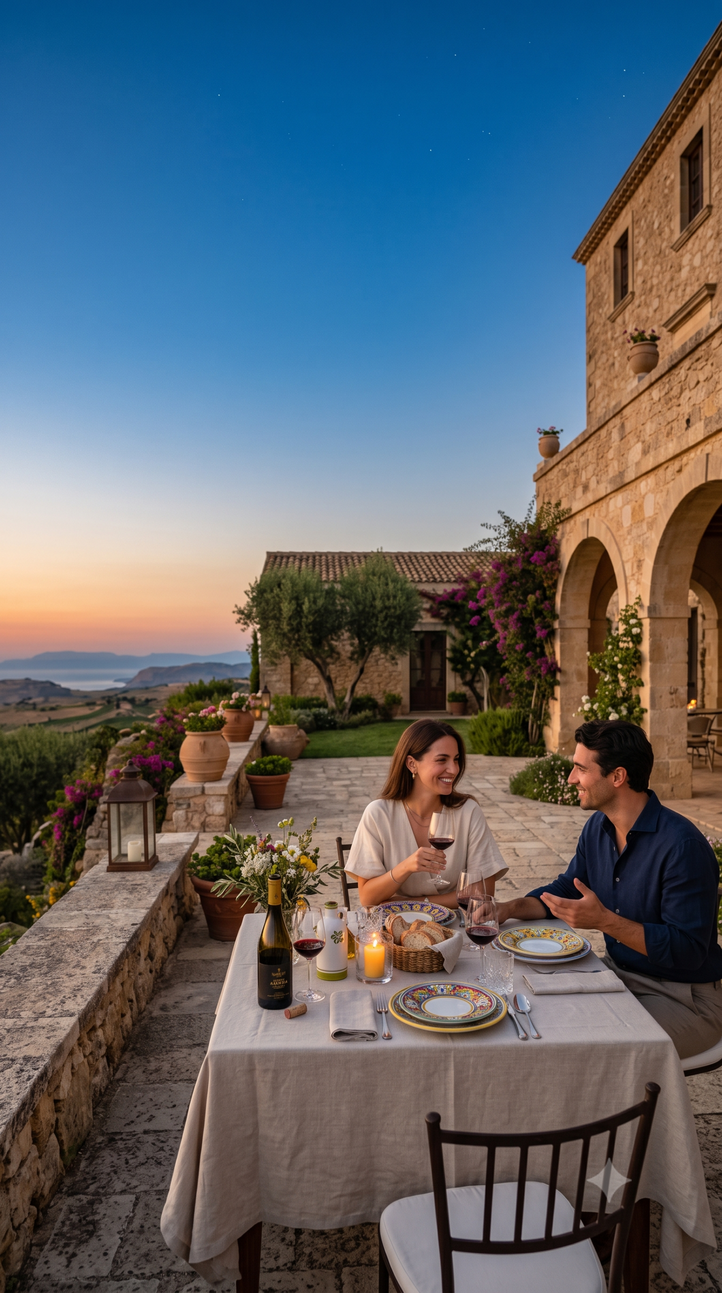 A couple having dinner by candlelight on a stone terrace of an ancient Sicilian villa. The table is set with colorful ceramics, wine bottles, and a bread basket. The terrace features bougainvillea, olive trees, and terracotta pots. In the background, there is a vast hilly landscape and the coast at sunset.